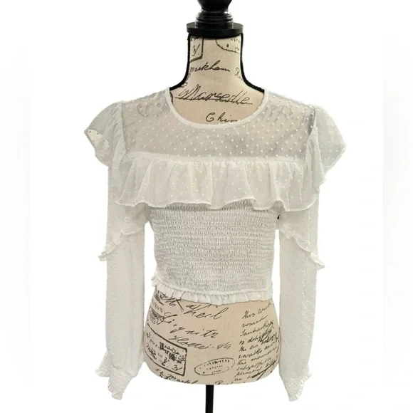 Storia Cropped Ruffle Blouse White Swiss Dot Womens Size Medium - Picture 3 of 11